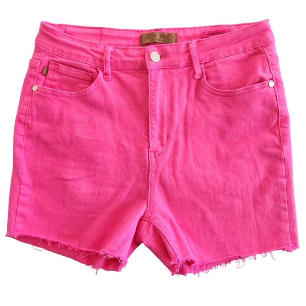 Judy Blue Shorts Womens 11/30 High Rise Raw Hem Neon Pink Denim Festival